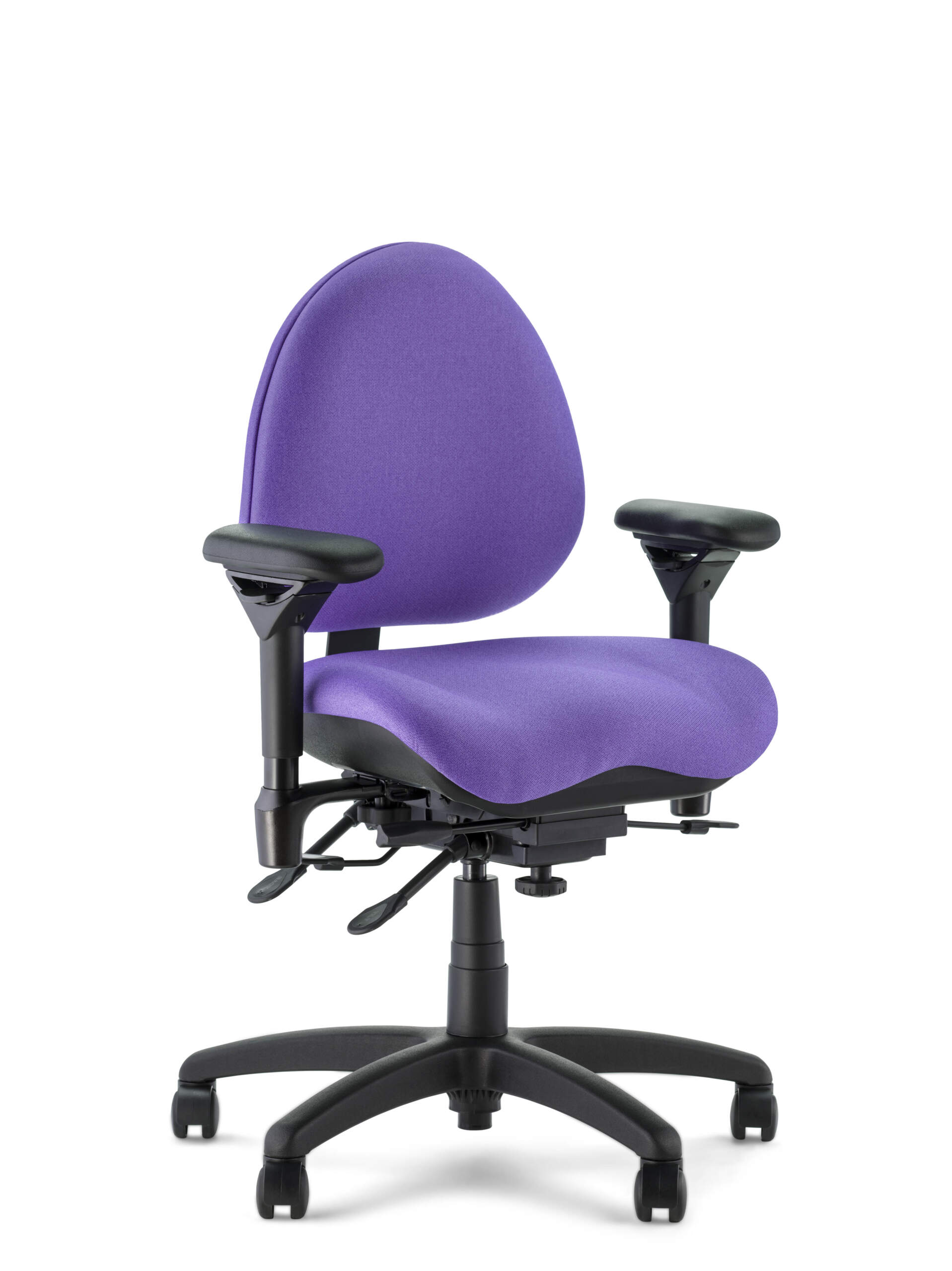 Right Angle view of J757 with purple Hyacinth fabric optima arms and black base