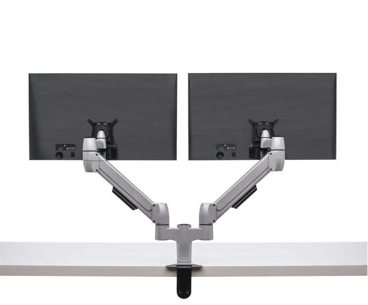 Dual Monitor Arms in silver back view