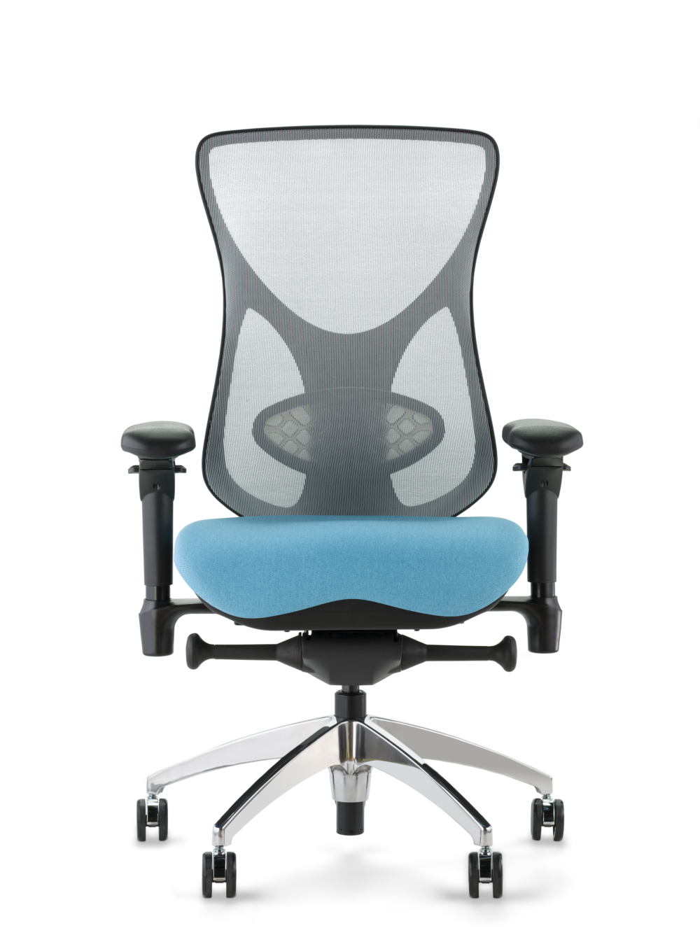 Aircelli A2707 Platinum Gray Mesh Back Blue Seat Chrome Base Front View