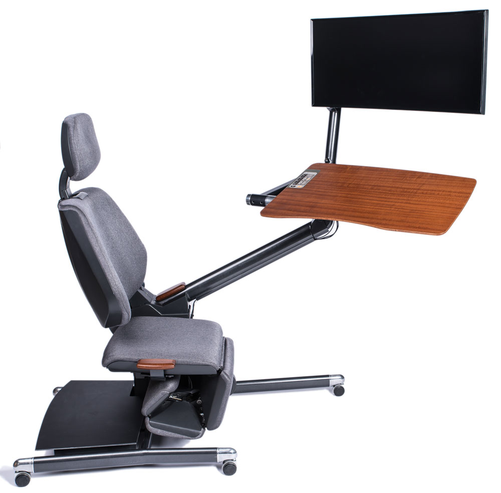 Altwork chair grey fabric simulated wood work surface and large monitor in standing position