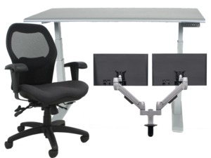 Work From Home Package Sola LT Black Fabric Height Adjustable Table Venus Silver Dual Monitor Arm