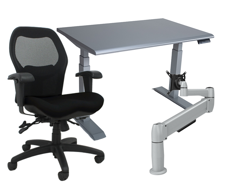 WFH package A Sola LT black fabric height adjustable table with venus silver top Single silver monitor arm