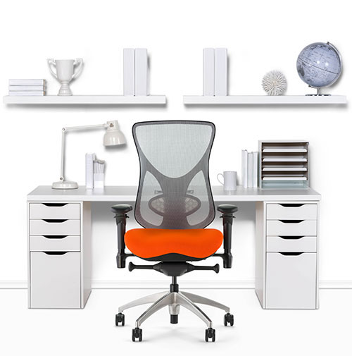 Aircelli with chrome base orange seat fabric and platinum mesh back in front of a white desk and white bookshelves