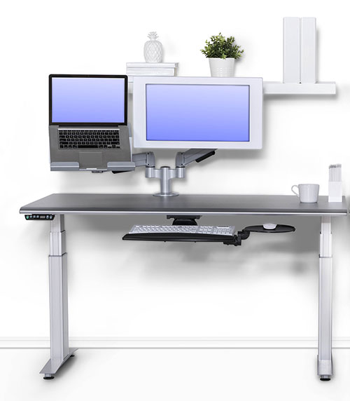 Series One height adjustable table with keyboard tray and dual monitor arms one monitor and laptop tray accessory