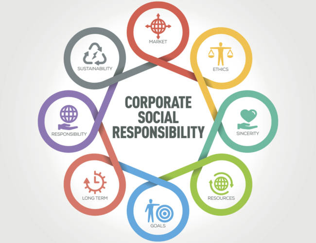 Corporate Social Responsibility infographic with 8 steps, parts, options